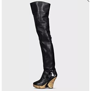 Chanel Paris-Moscow Black Leather Over-the-Knee Wedge Boots - Size 37.5